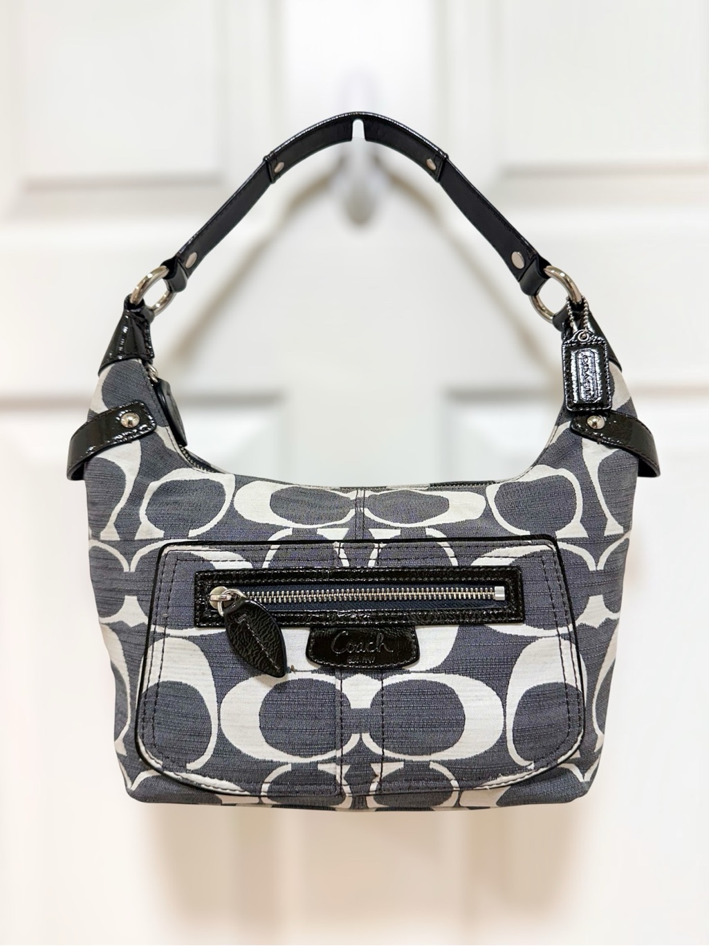 Coach Penelope Hobo Bag Signature Shantung Canvas Black Patent Leather
